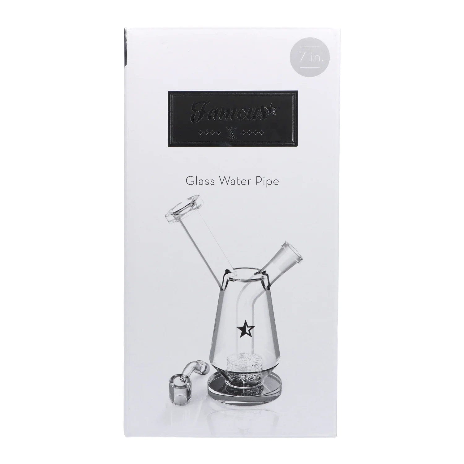 Front view of the 7-inch Famous X Drip Dab Rig, showcasing its clear glass construction and unique angled design.