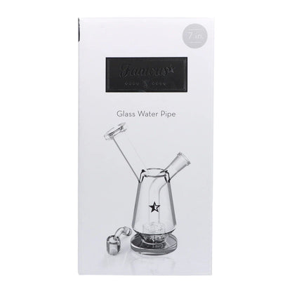 Front view of the 7-inch Famous X Drip Dab Rig, showcasing its clear glass construction and unique angled design.