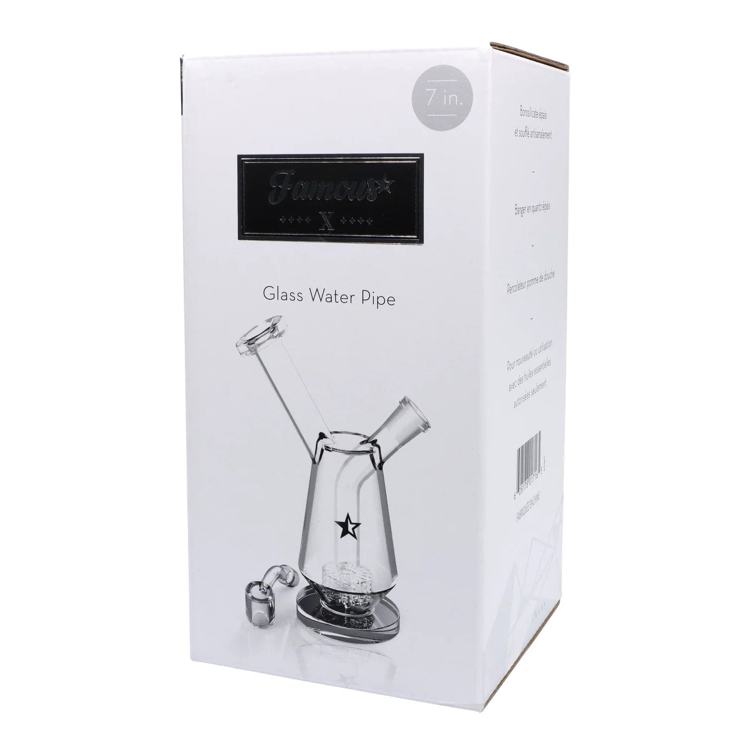 Front view of the 7-inch Famous X Drip Dab Rig, highlighting its clear glass construction and unique drip design.