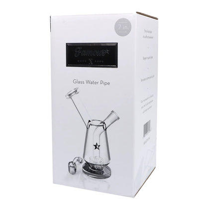 Front view of the 7-inch Famous X Drip Dab Rig, highlighting its clear glass construction and unique drip design.