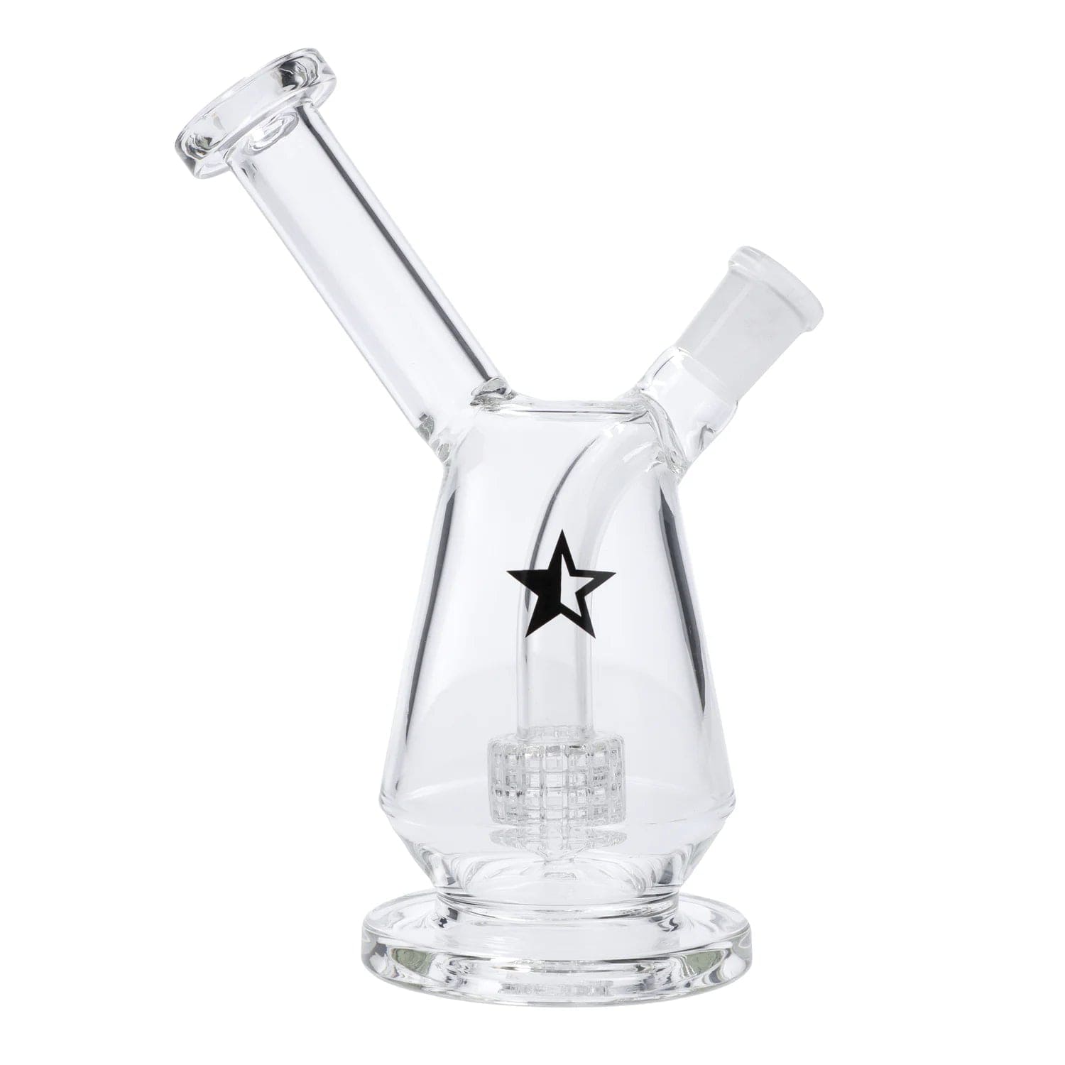 A front view of the 7-inch Famous X Drip Dab Rig, showcasing its clear glass construction and simple cylindrical form.