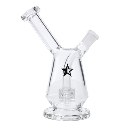 A front view of the 7-inch Famous X Drip Dab Rig, showcasing its clear glass construction and simple cylindrical form.