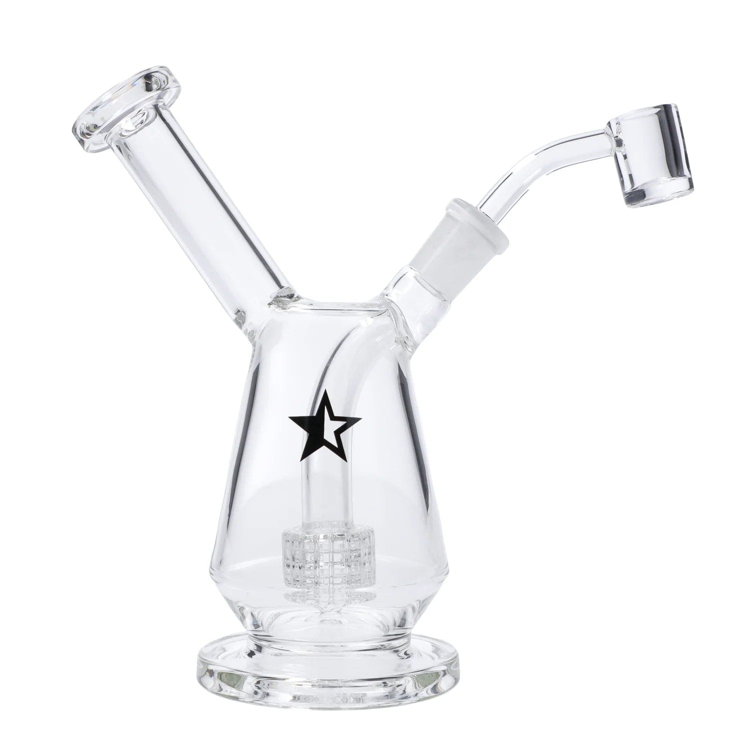 A three-quarter view of the 7-inch Famous X Drip Dab Rig, showing its clear glass construction and minimalist design.