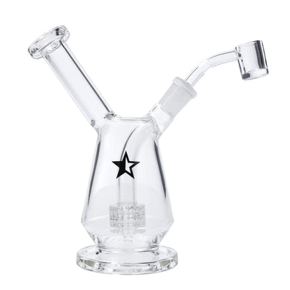 A three-quarter view of the 7-inch Famous X Drip Dab Rig, showing its clear glass construction and minimalist design.