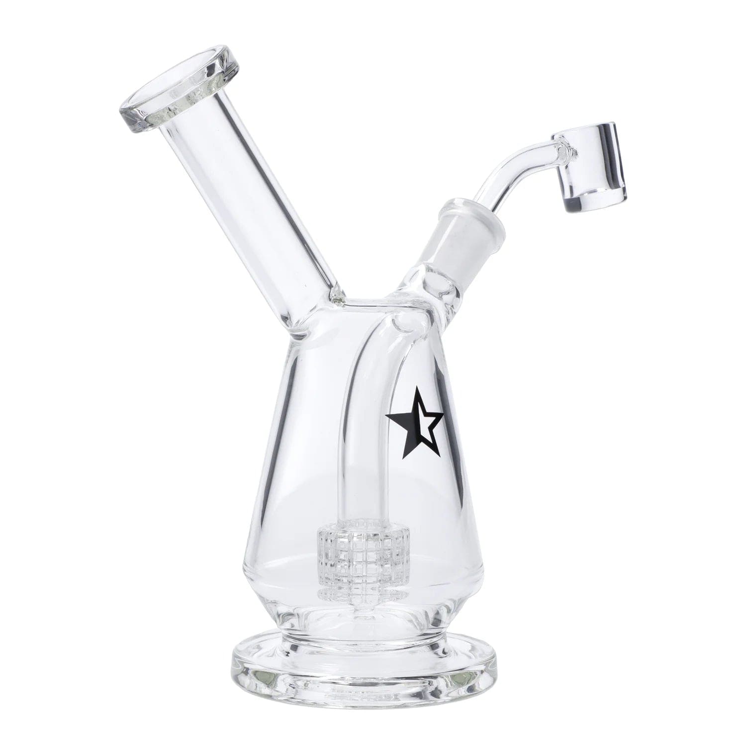 A three-quarter view of the 7-inch Famous X Drip Dab Rig, showcasing its clear glass construction and compact design.