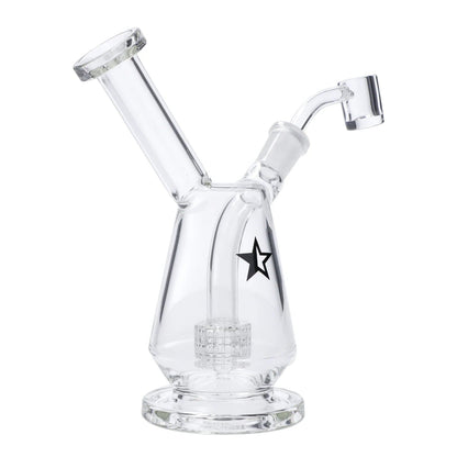 A three-quarter view of the 7-inch Famous X Drip Dab Rig, showcasing its clear glass construction and compact design.