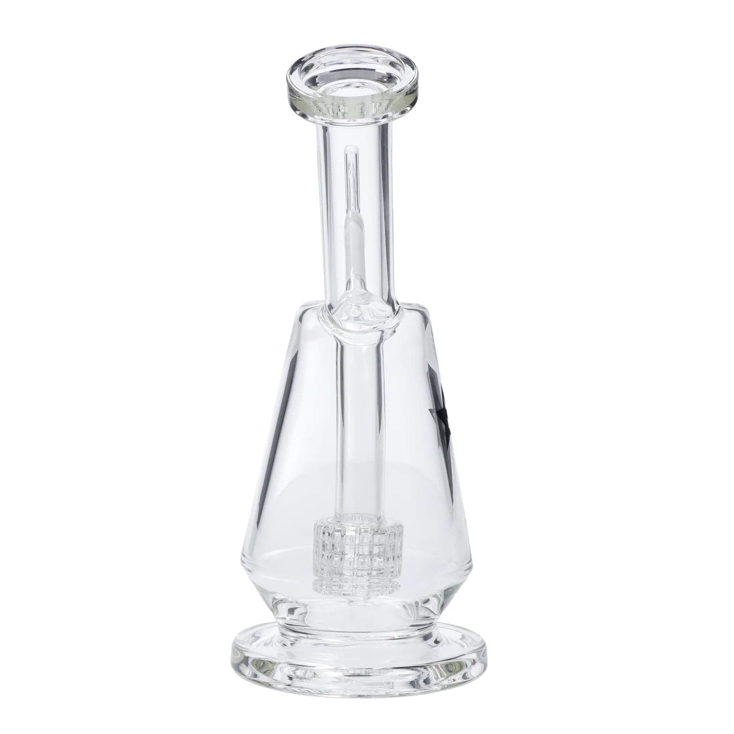 Front view of the 7-inch Famous X Drip Dab Rig, showing the clear glass construction and minimalist design.