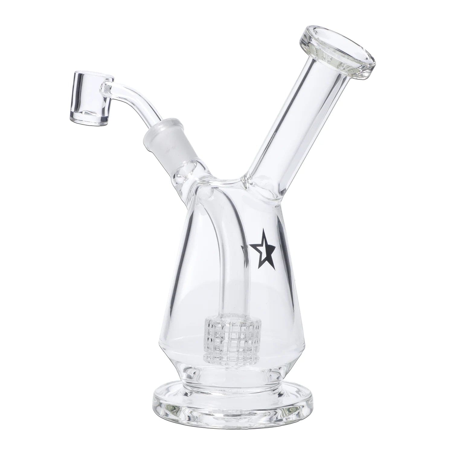 Front view of the 7-inch Famous X Drip Dab Rig, showing the clear glass construction and curved neck design.