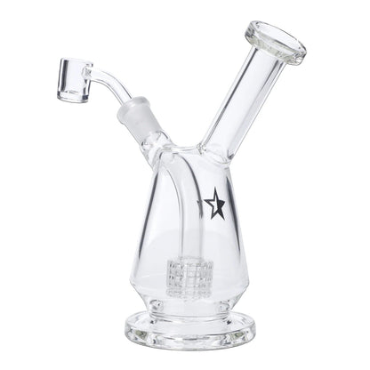Front view of the 7-inch Famous X Drip Dab Rig, showing the clear glass construction and curved neck design.