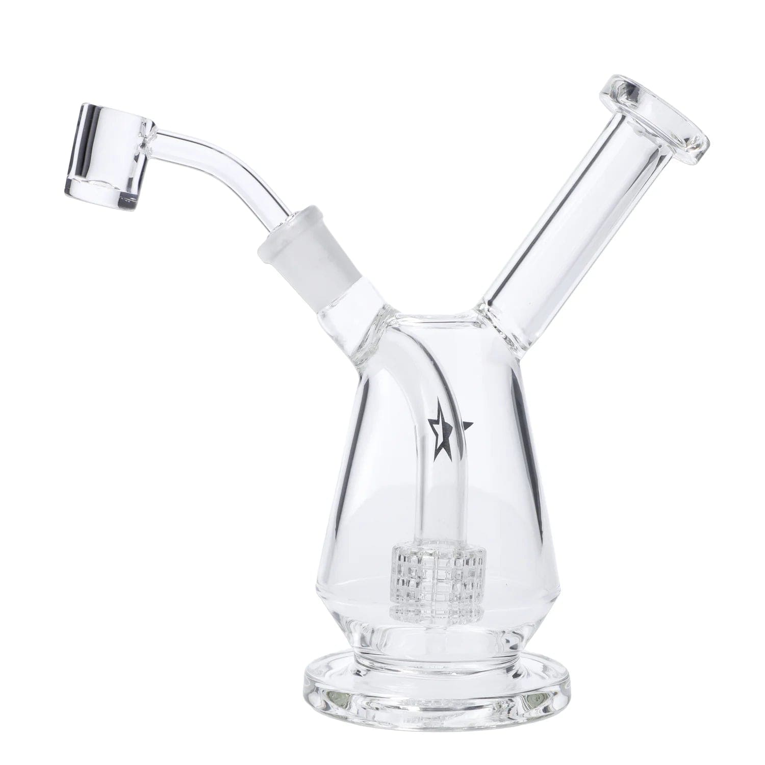 Front view of the 7-inch Famous X Drip Dab Rig, showcasing its clear glass construction and simple, rounded base.