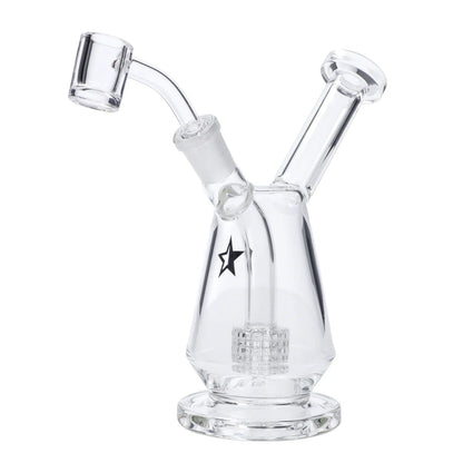 A three-quarter view of the 7-inch Famous X Drip Dab Rig, showcasing its clear glass construction and curved neck.