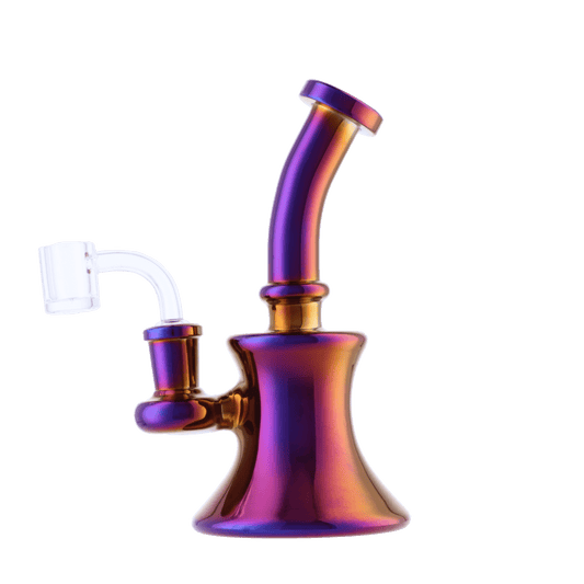 A straight-on view of the 8-inch Valiant Fumed Bell Dab Rig with assorted colorful glass and a clean, modern design.