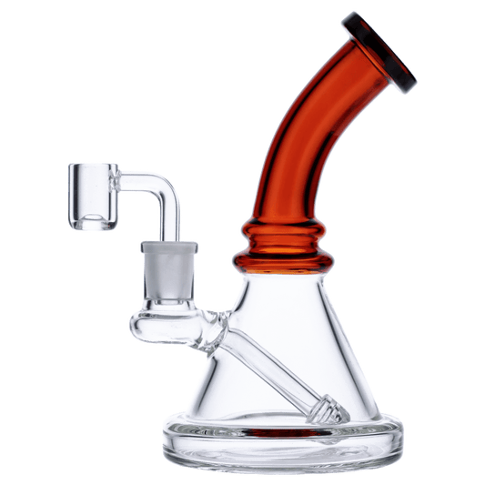 Front view of the 7-inch Valiant Bent Neck Mini Water Pipe in amber glass, featuring a curved neck and simple design.