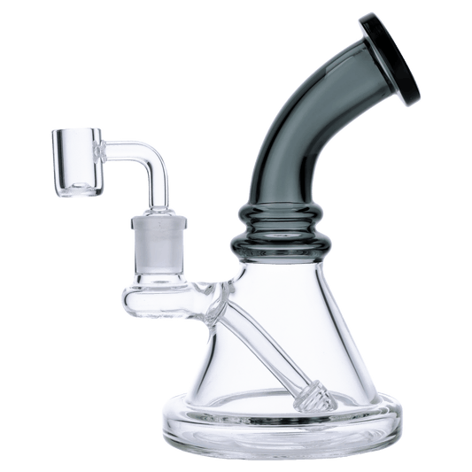 A three-quarter view of the 7-inch Valiant Bent Neck Mini Water Pipe in transparent black glass, showcasing its curved neck design.
