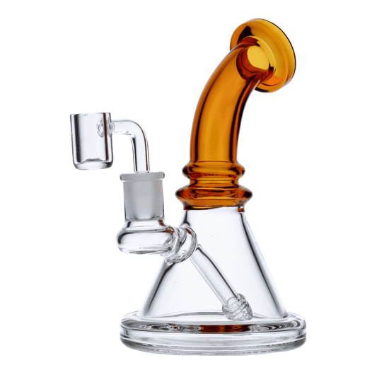 A front view of the 7-inch Valiant Bent Neck Mini Water Pipe in yellow, showing its curved neck and clear glass construction.