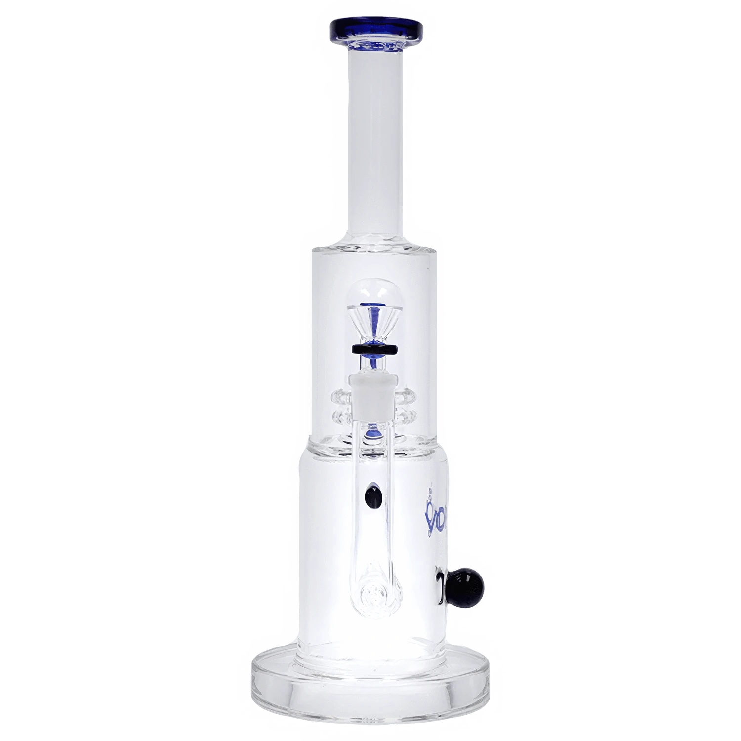 Centered front view of the Vodka Water Pipe - Blue - 13in. showing its clear glass chamber, blue-rimmed mouthpiece, internal percolator, and round base.