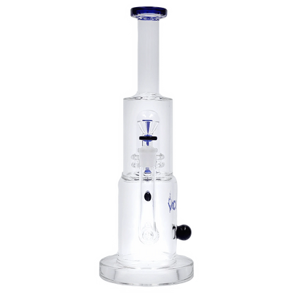 Centered front view of the Vodka Water Pipe - Blue - 13in. showing its clear glass chamber, blue-rimmed mouthpiece, internal percolator, and round base.