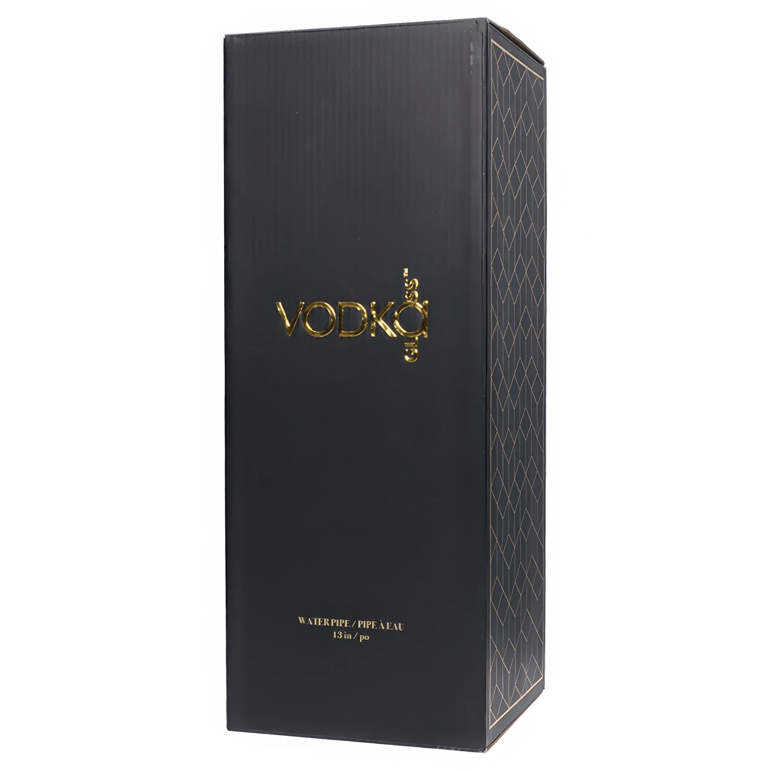 Tall, angled view of the black box packaging for the Vodka Water Pipe - Blue - 13in. with gold logo and patterned side panel