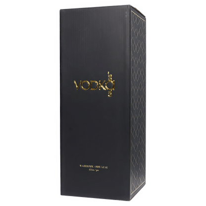 Tall, angled view of the black box packaging for the Vodka Water Pipe - Blue - 13in. with gold logo and patterned side panel