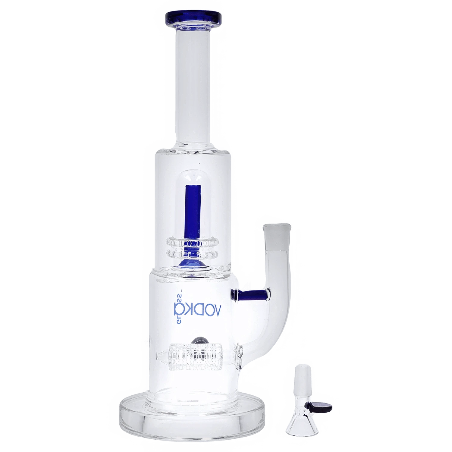 Close-up front view of the Vodka Water Pipe - Blue - 13in. showing its clear glass body with blue accents and separate glass bowl on a white background