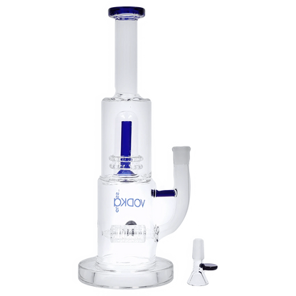Close-up front view of the Vodka Water Pipe - Blue - 13in. showing its clear glass body with blue accents and separate glass bowl on a white background