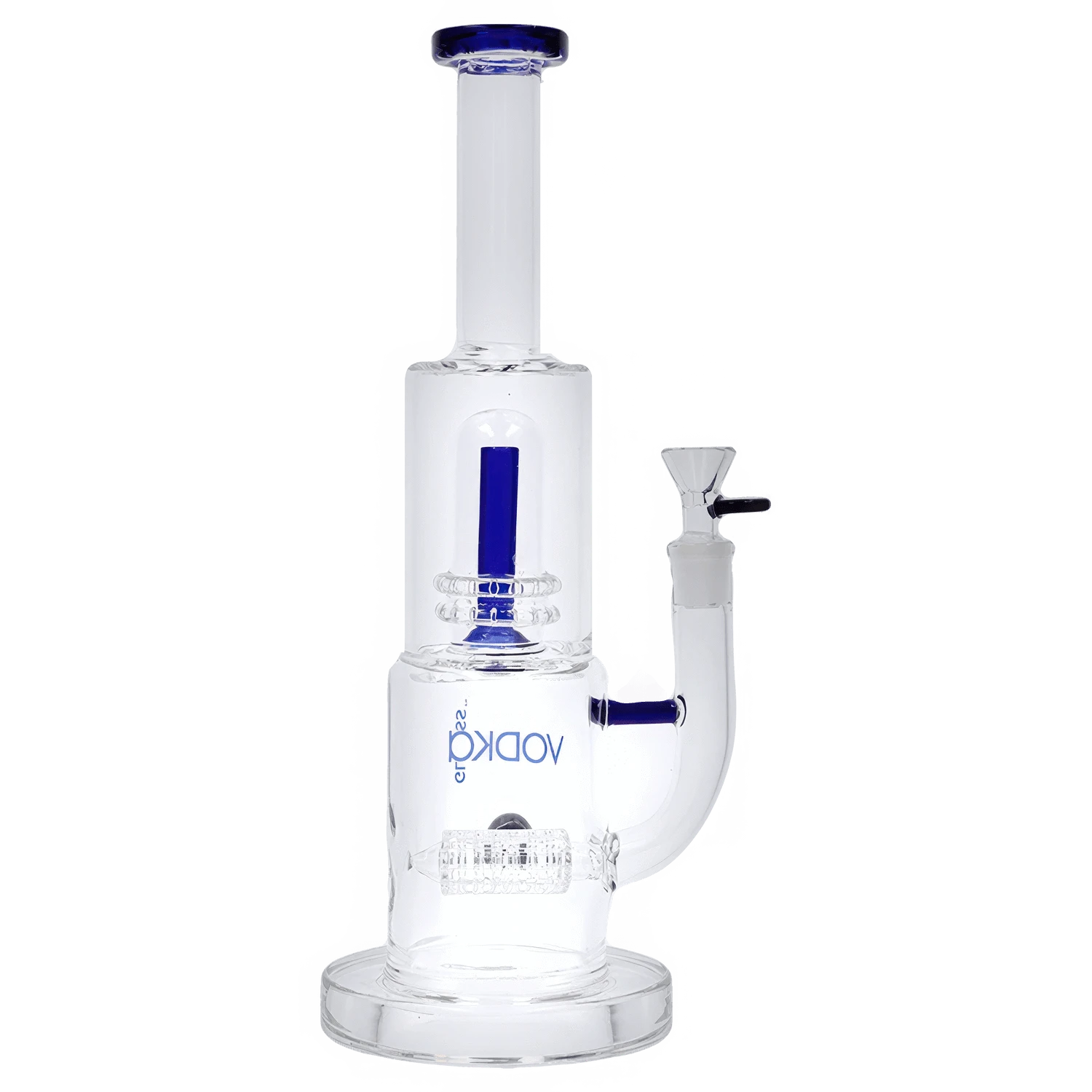 Centered front view of the Vodka Water Pipe - Blue - 13in. showing its clear glass chamber with blue accents and a detached downstem.