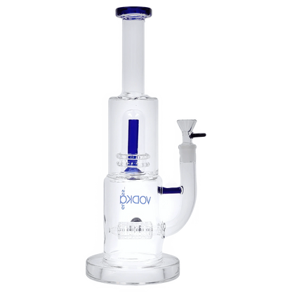 Centered front view of the Vodka Water Pipe - Blue - 13in. showing its clear glass chamber with blue accents and a detached downstem.
