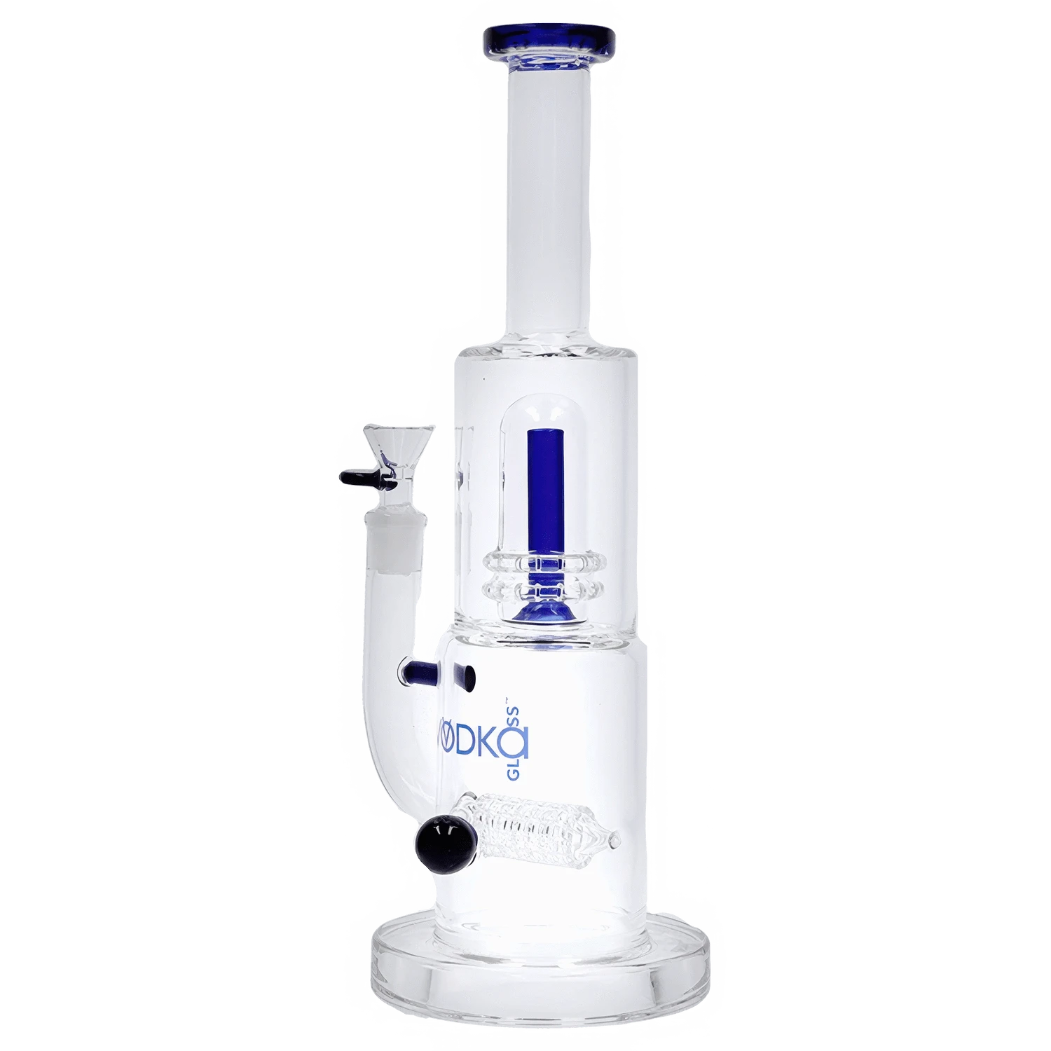 Straight-on view of the Vodka Water Pipe - Blue - 13in. showing its clear glass chamber with a central blue percolator and matching blue rim.