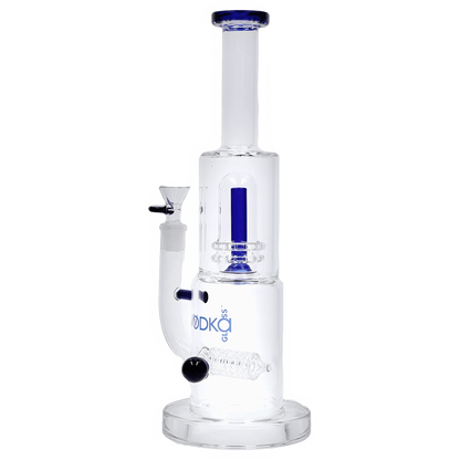 Straight-on view of the Vodka Water Pipe - Blue - 13in. showing its clear glass chamber with a central blue percolator and matching blue rim.