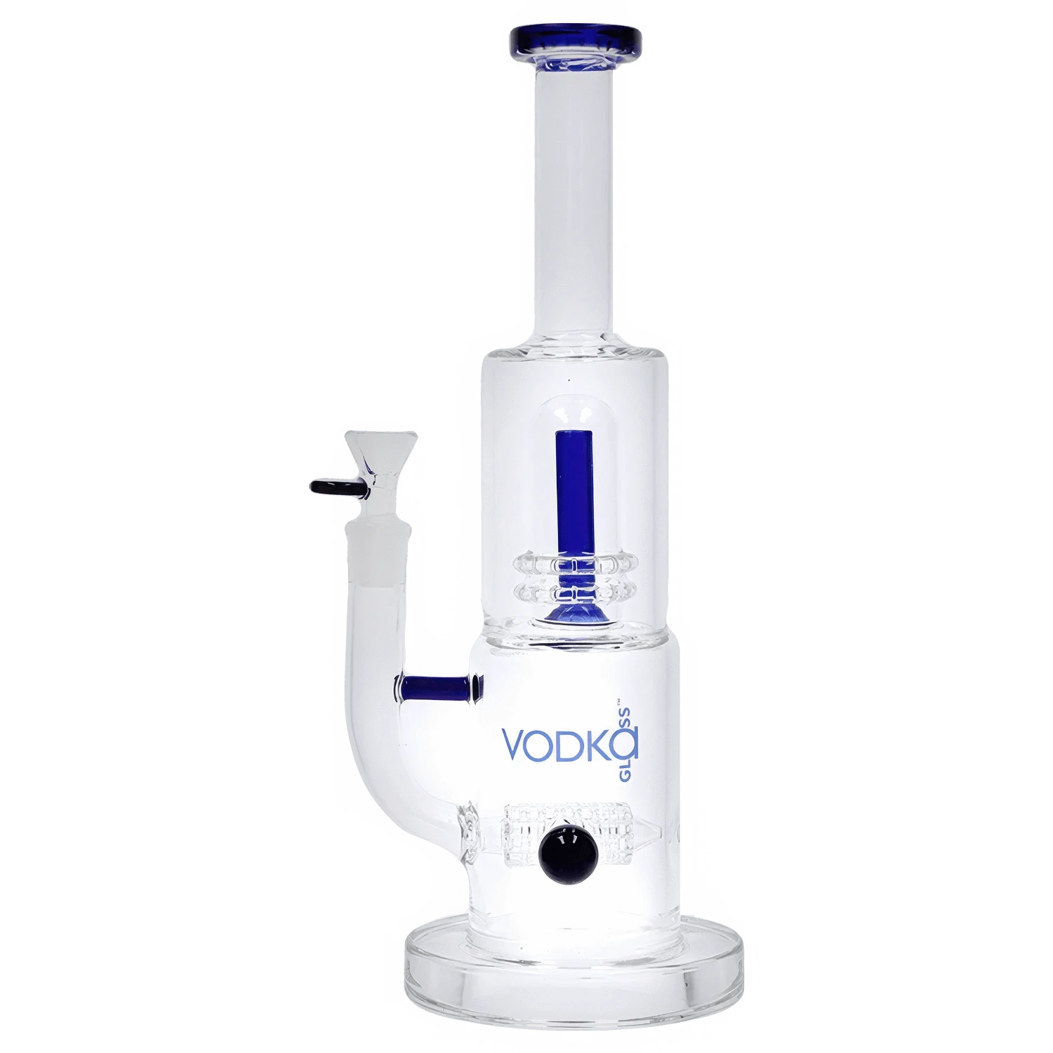 Angled front view of the Vodka Water Pipe - Blue - 13in. showing its clear glass body with blue accents and a white studio background