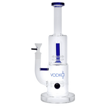 Angled front view of the Vodka Water Pipe - Blue - 13in. showing its clear glass body with blue accents and a white studio background