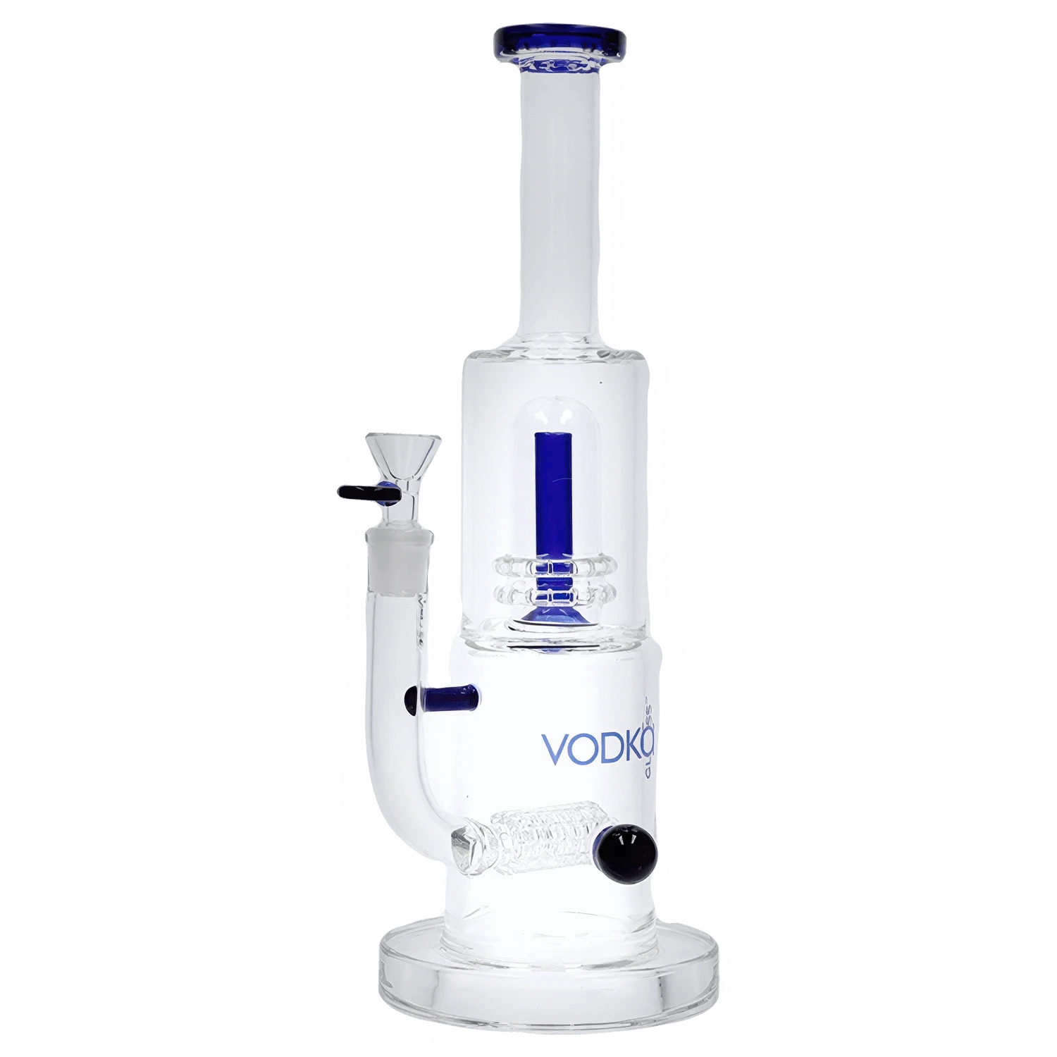 Studio-lit front view of the Vodka Water Pipe - Blue - 13in. showing its clear glass body with blue accent tube and rim.
