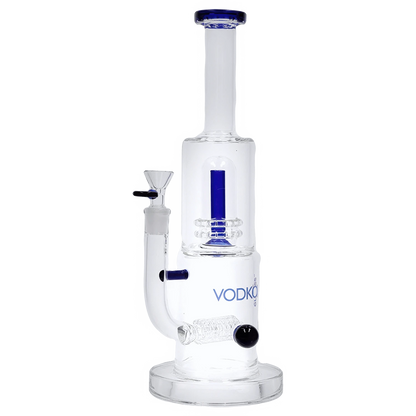 Studio-lit front view of the Vodka Water Pipe - Blue - 13in. showing its clear glass body with blue accent tube and rim.