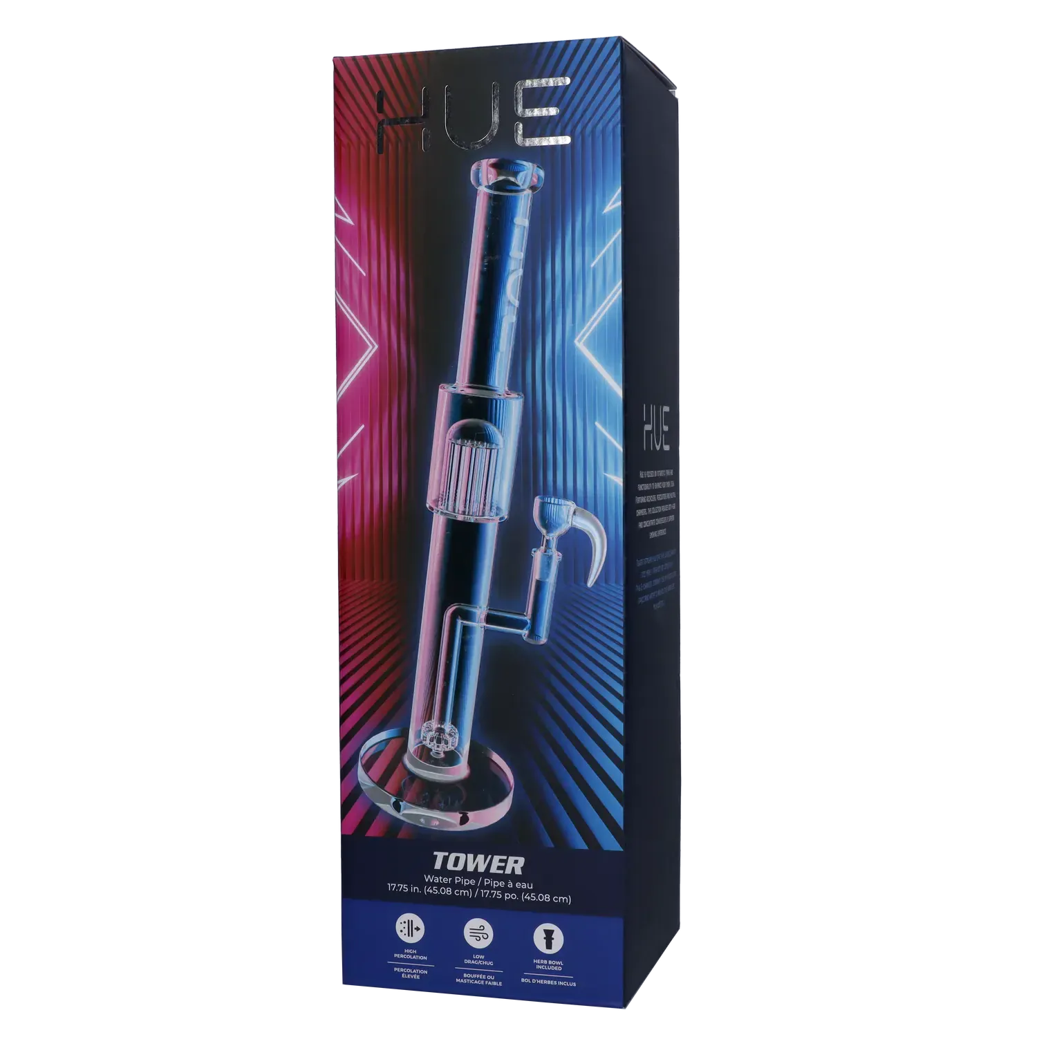 Tall front view of the Hue Tower Water Pipe Clear - 17.75" displayed on its boxed packaging against a neutral background.