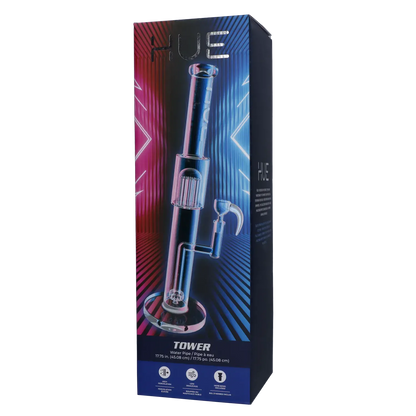 Tall front view of the Hue Tower Water Pipe Clear - 17.75" displayed on its boxed packaging against a neutral background.