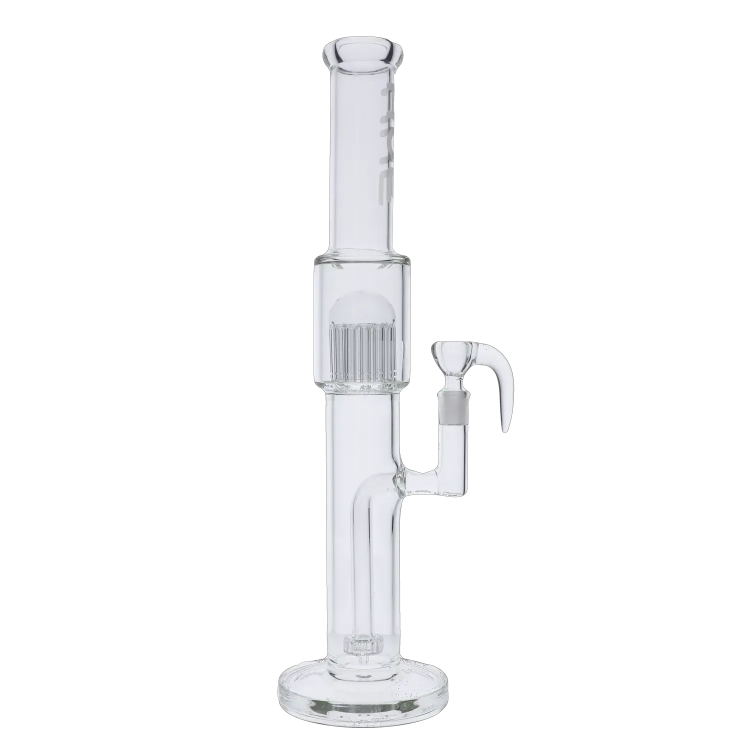 Vertical studio shot of the Hue Tower Water Pipe Clear - 17.75" showing its clear glass tower, percolator chamber, and angled joint against a black background