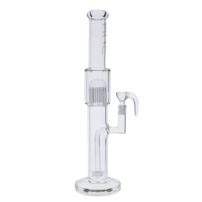 Vertical studio shot of the Hue Tower Water Pipe Clear - 17.75" showing its clear glass tower, percolator chamber, and angled joint against a black background