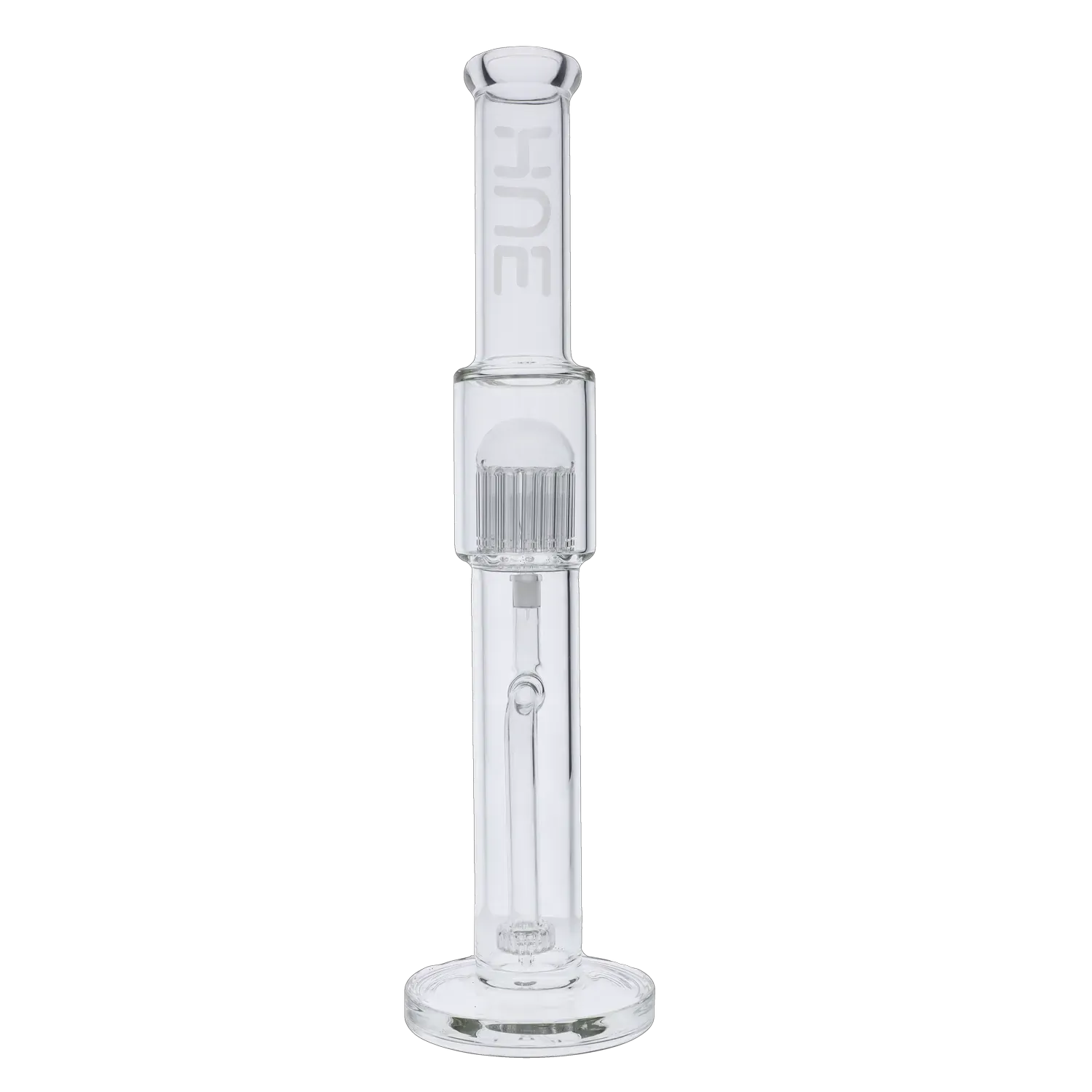 Center-frontal view of the Hue Tower Water Pipe Clear - 17.75" showing its straight clear glass tube, domed percolator chamber, and round base against a black background