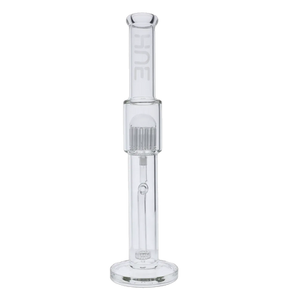 Center-frontal view of the Hue Tower Water Pipe Clear - 17.75" showing its straight clear glass tube, domed percolator chamber, and round base against a black background