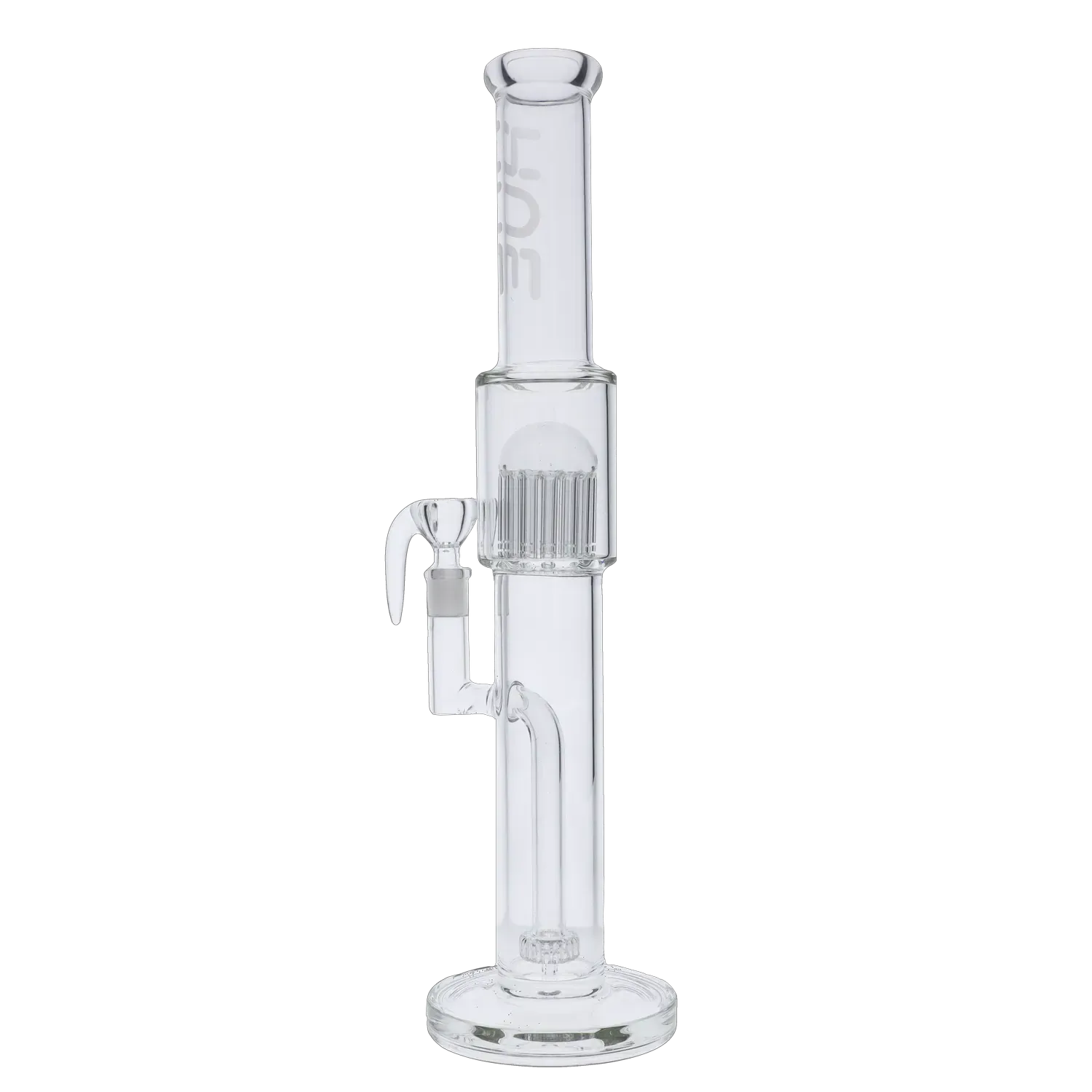 Centered front view of the Hue Tower Water Pipe Clear - 17.75" showing its tall clear glass tube, percolator chamber, and flared mouthpiece against a black background