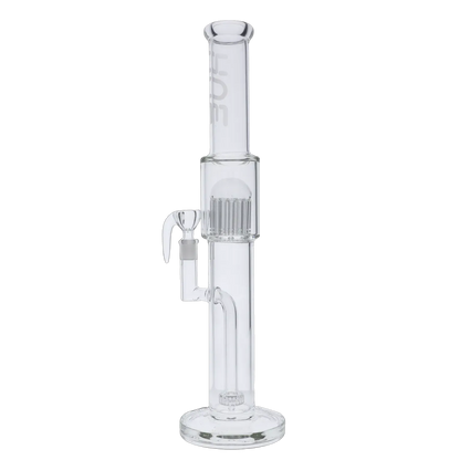 Centered front view of the Hue Tower Water Pipe Clear - 17.75" showing its tall clear glass tube, percolator chamber, and flared mouthpiece against a black background