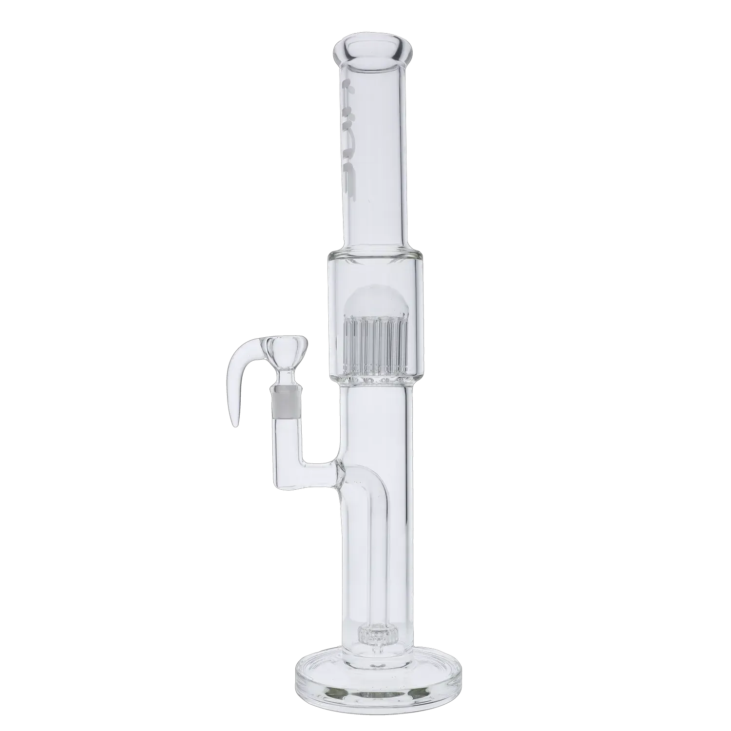 Straight-on view of the Hue Tower Water Pipe Clear - 17.75" showing the tall clear glass tube, percolator chamber, curved joint and round base against a black background.