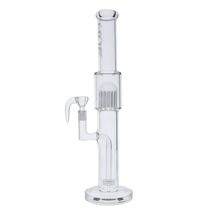 Straight-on view of the Hue Tower Water Pipe Clear - 17.75" showing the tall clear glass tube, percolator chamber, curved joint and round base against a black background.