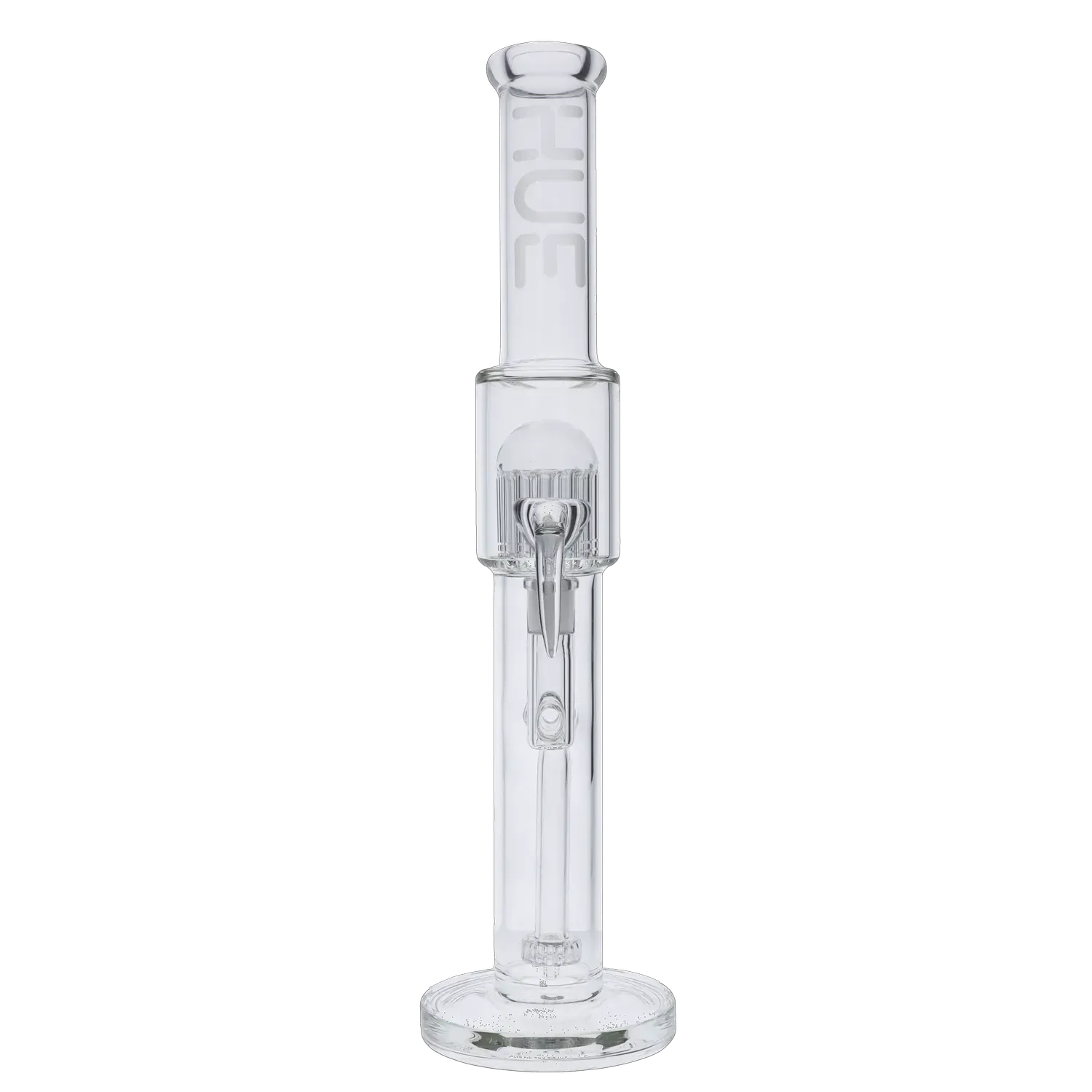 Center-frontal view of the Hue Tower Water Pipe Clear - 17.75" showing its straight clear glass tube, internal percolator chamber, and round base against a black background.