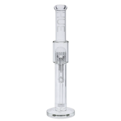 Center-frontal view of the Hue Tower Water Pipe Clear - 17.75" showing its straight clear glass tube, internal percolator chamber, and round base against a black background.
