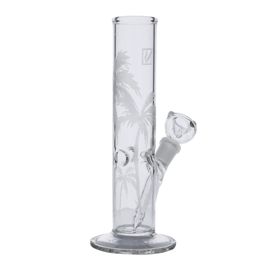 A front view of the 6-inch DHC Originals Tree of Life Straight Tube Water Pipe, showcasing its clear glass construction and etched design.