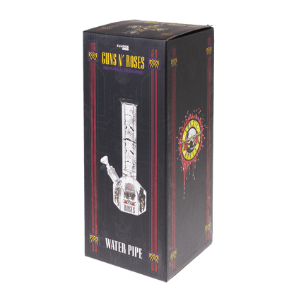 Front view of the 10-inch Valiant GNR Skulls Hexagon Water Pipe, featuring a skull design on clear glass.