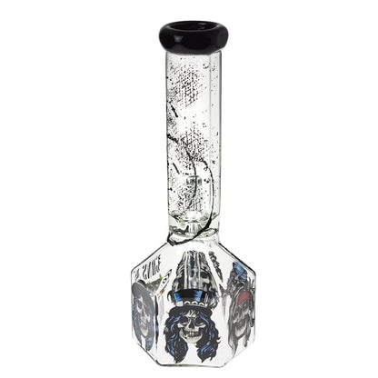 Front view of the 10-inch Valiant GNR Skulls Hexagon Water Pipe, showcasing a hexagonal glass body with skull designs.