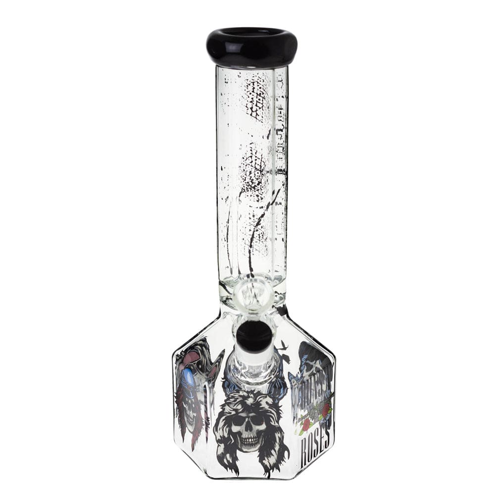 Front view of the 10-inch Valiant GNR Skulls Hexagon Water Pipe, showcasing a detailed skull design on clear glass.