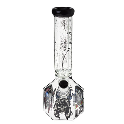 Front view of the 10-inch Valiant GNR Skulls Hexagon Water Pipe, showcasing a detailed skull design on clear glass.